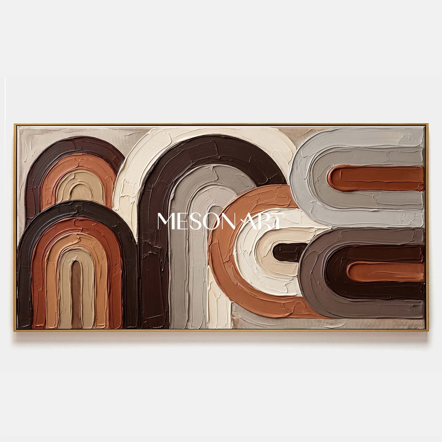 風景画 ブラウンフレーム アースカラーのパノラマボヘミアン抽象漆喰ウォールアート – MesonArt