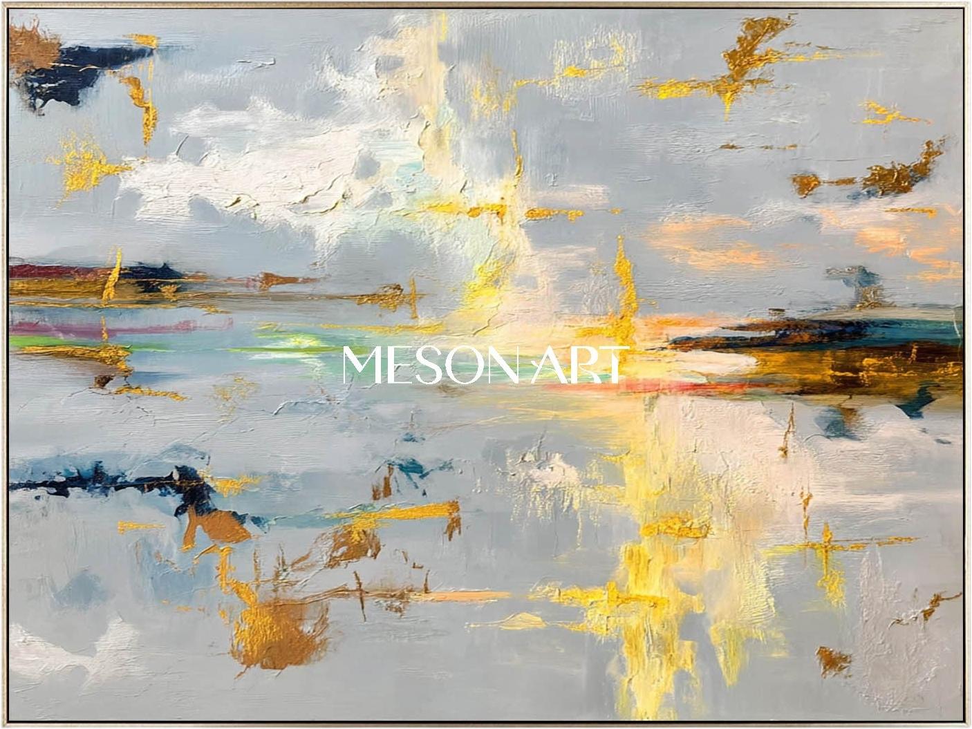 グレーゴールド抽象特大絵画水平リビングルームのアート装飾 – MesonArt