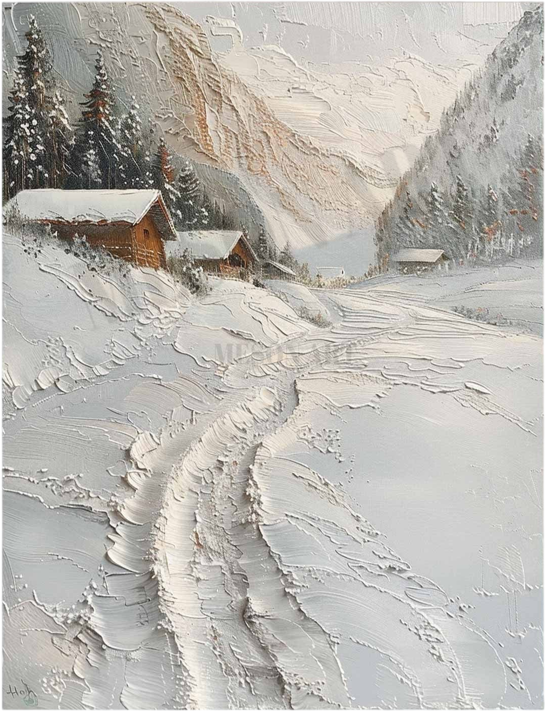 りくのこういち パステル画「雪ふらしの家(ZE348) 田舎の雪景色テクスチャ絵画雪のリゾートアートキャンバススイス雪の空