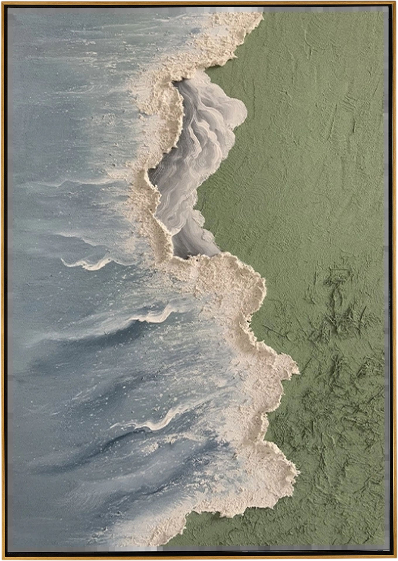 White and Green Beach Ocean Waves 3D Texture Painting Wabi-Sabi