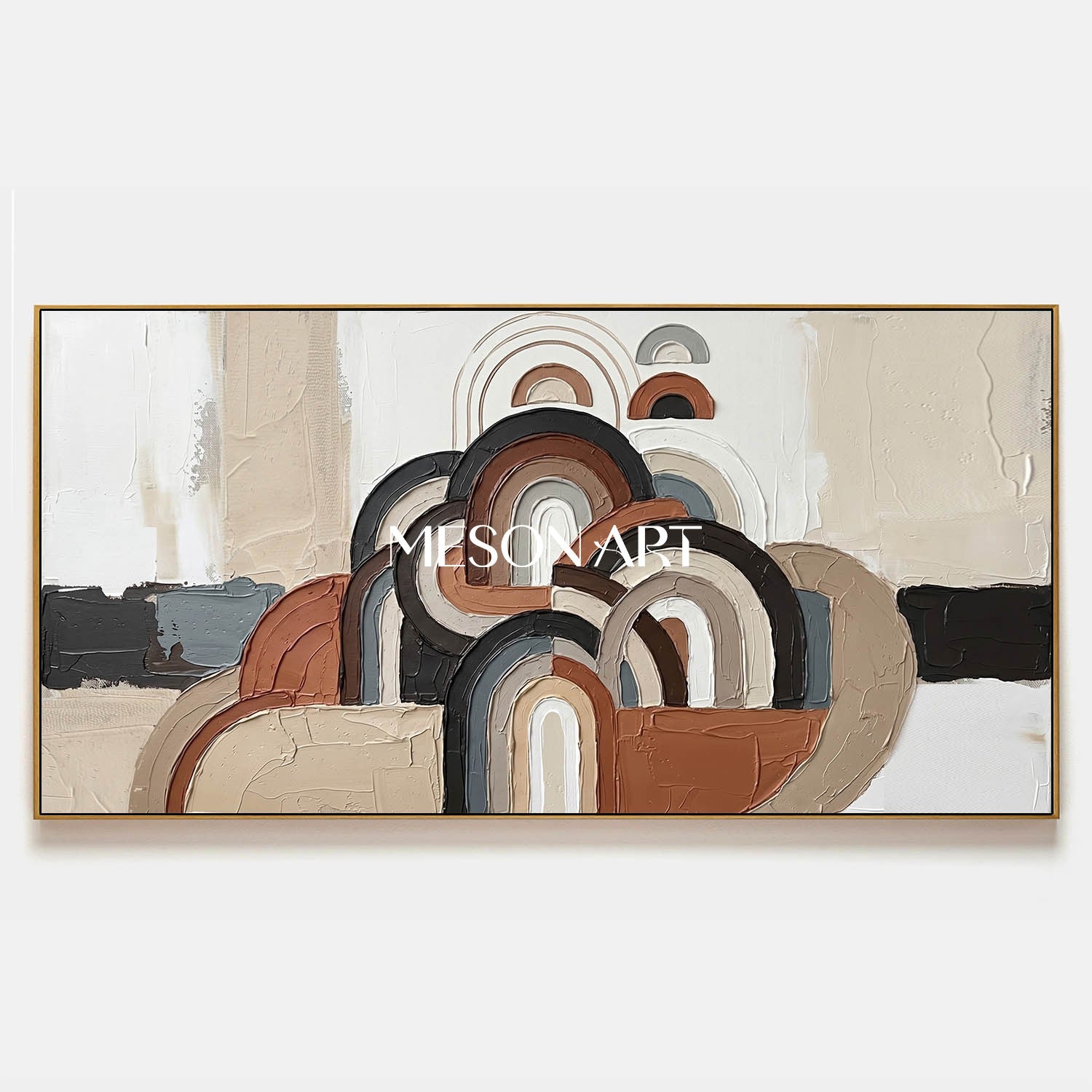 アースカラーとブルーのパノラマ・ボヘミアン抽象漆喰ウォールアート
