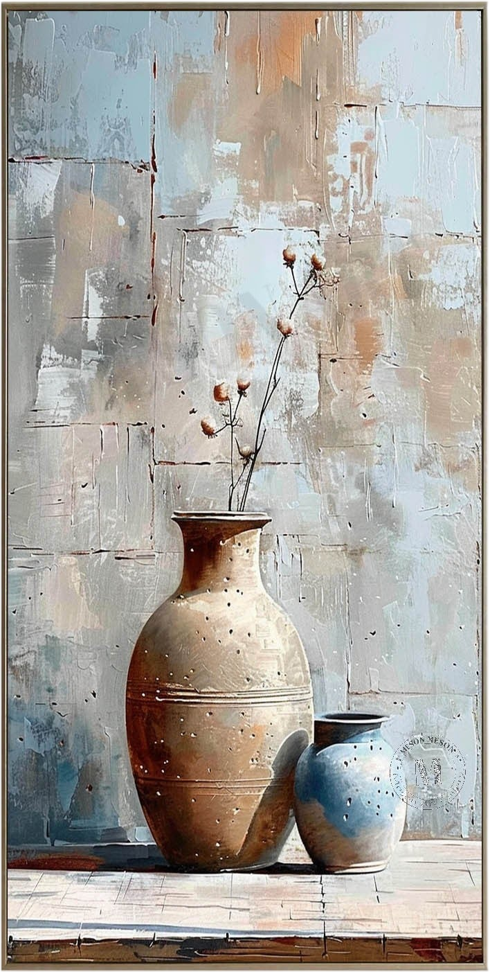 Earthy and blue Clay Jar Vase Canvas Art for Sale Clay Jar Vase